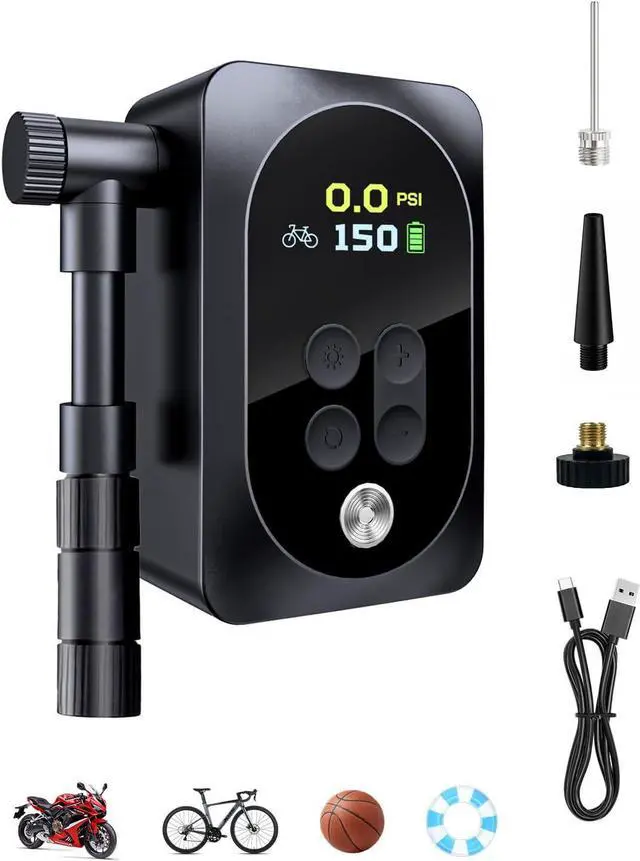 Main image of Mini Bike Pump, 150PSI Electric Portable Bicycle Tire Inflator with LED Light, 1400mAh Battery, 5 Preset Modes & Auto Stop for Road/MTB/E-Bike/Motorcycle & Sports Balls Presta & Schrader Valve