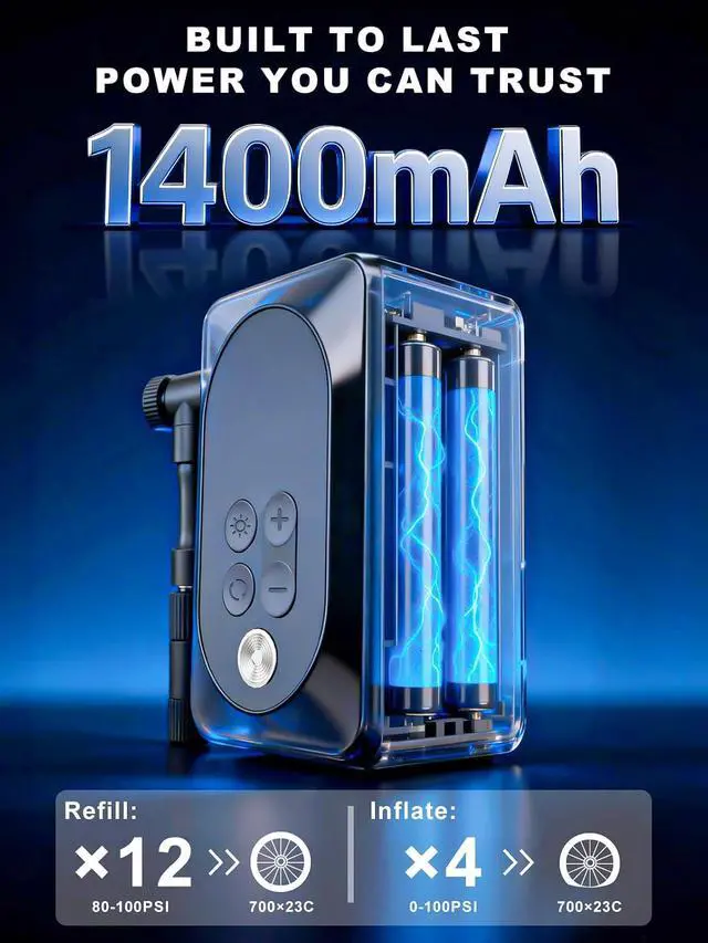 Alt view image 2 of 7 - Mini Bike Pump, 150PSI Electric Portable Bicycle Tire Inflator with LED Light, 1400mAh Battery, 5 Preset Modes & Auto Stop for Road/MTB/E-Bike/Motorcycle & Sports Balls Presta & Schrader Valve