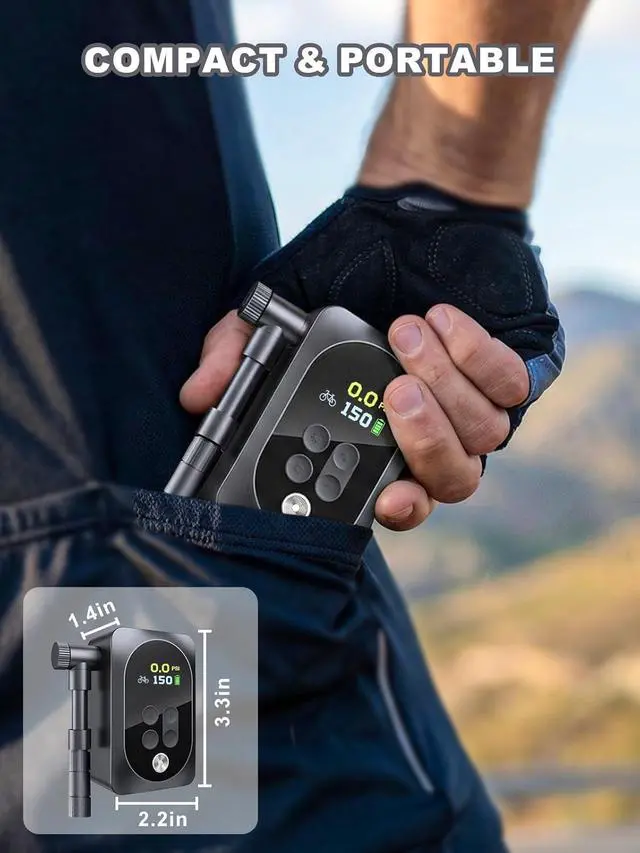 Alt view image 3 of 7 - Mini Bike Pump, 150PSI Electric Portable Bicycle Tire Inflator with LED Light, 1400mAh Battery, 5 Preset Modes & Auto Stop for Road/MTB/E-Bike/Motorcycle & Sports Balls Presta & Schrader Valve