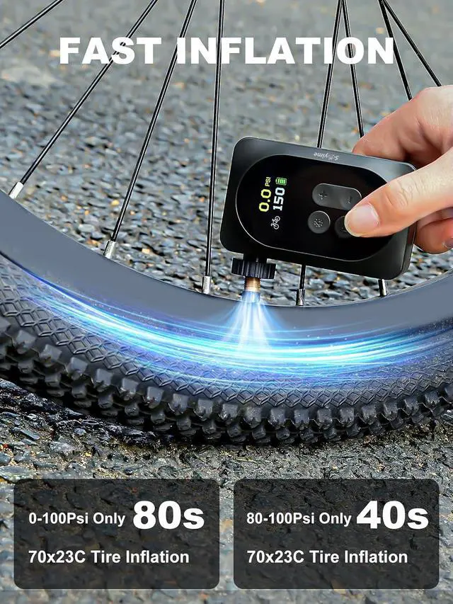 Alt view image 4 of 7 - Mini Bike Pump, 150PSI Electric Portable Bicycle Tire Inflator with LED Light, 1400mAh Battery, 5 Preset Modes & Auto Stop for Road/MTB/E-Bike/Motorcycle & Sports Balls Presta & Schrader Valve