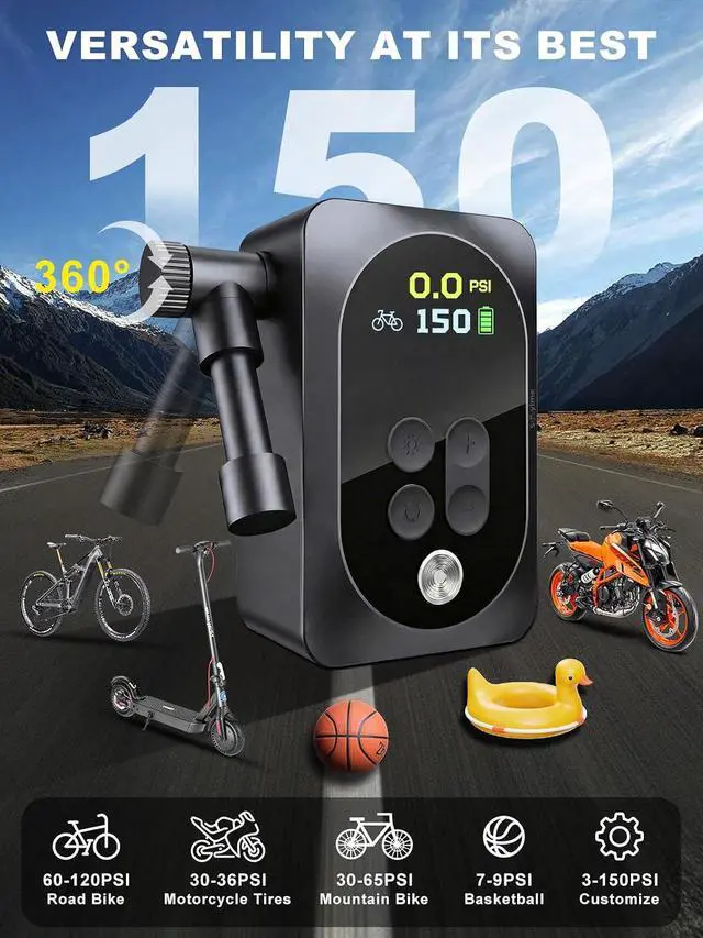 Alt view image 5 of 7 - Mini Bike Pump, 150PSI Electric Portable Bicycle Tire Inflator with LED Light, 1400mAh Battery, 5 Preset Modes & Auto Stop for Road/MTB/E-Bike/Motorcycle & Sports Balls Presta & Schrader Valve