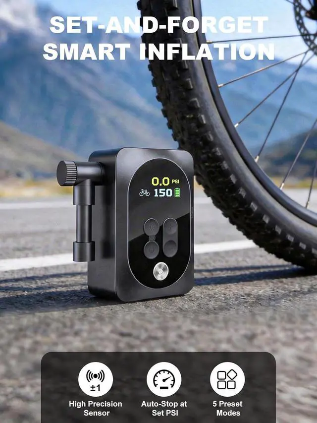 Alt view image 6 of 7 - Mini Bike Pump, 150PSI Electric Portable Bicycle Tire Inflator with LED Light, 1400mAh Battery, 5 Preset Modes & Auto Stop for Road/MTB/E-Bike/Motorcycle & Sports Balls Presta & Schrader Valve