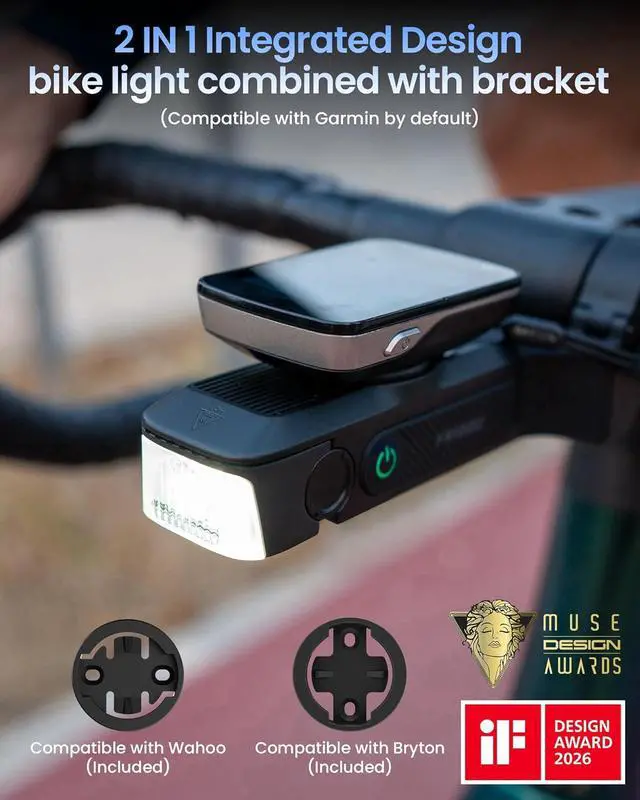 Alt view image 2 of 7 - FR1000 Bike Lights for Night Riding, Bicycle Light & Mount Integrated Design, 30° Adjustable Bike Headlight, Auto On/Off, Compatible with Garmin/Wahoo/Bryton Bike Computer, Fit 31.8-35MM Bar