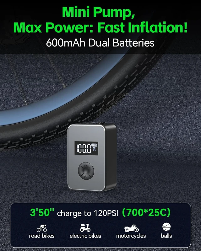 Alt view image 2 of 7 - Rechargeable Bike Pump with Gauge, 120PSI Brushless for Presta Valve, with LED Light