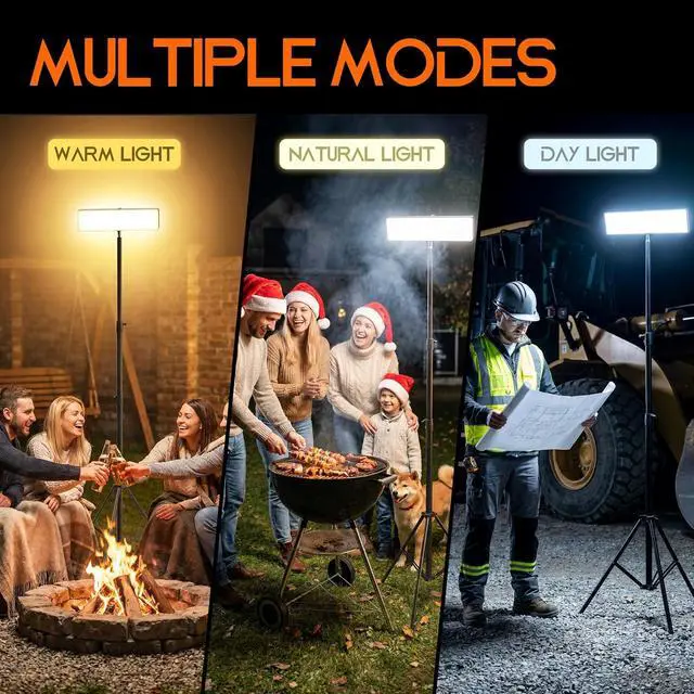 Alt view image 6 of 7 - Portable Rechargeable LED Work Light with Tripod Stand, 10000mAh Battery Powered Dimmable Cordless Megnetic Camping Lamps for Sports/Car /Emergency/Garage/Fish