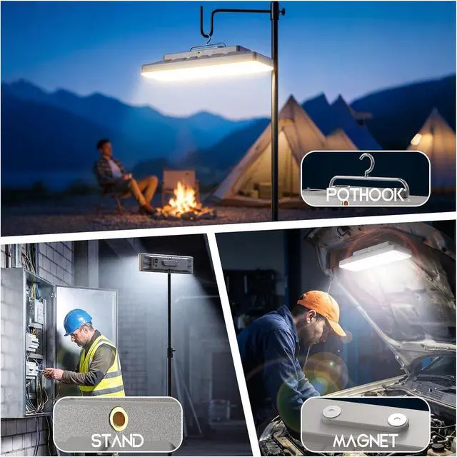 Alt view image 7 of 7 - Portable Rechargeable LED Work Light with Tripod Stand, 10000mAh Battery Powered Dimmable Cordless Megnetic Camping Lamps for Sports/Car /Emergency/Garage/Fish