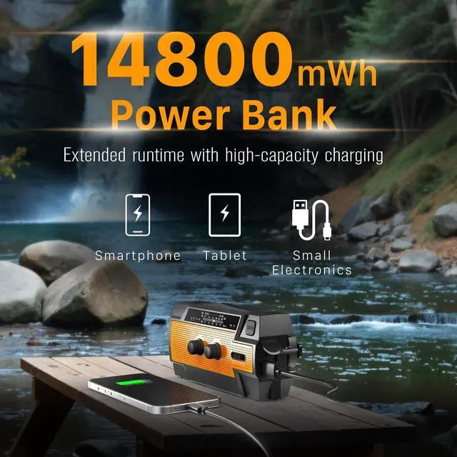 Alt view image 3 of 7 - NOAA Emergency Weather Radio A3 14800mWh Portable Power Bank, AM/FM, USB/Solar/Hand Crank Charging, SOS Alarm & Flashlight for Indoor/Outdoor Emergency - Orange
