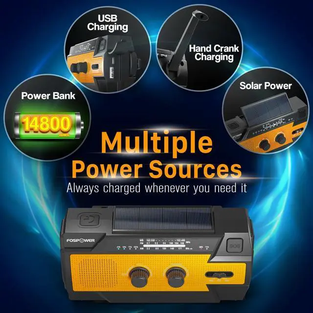 Alt view image 7 of 7 - NOAA Emergency Weather Radio A3 14800mWh Portable Power Bank, AM/FM, USB/Solar/Hand Crank Charging, SOS Alarm & Flashlight for Indoor/Outdoor Emergency - Orange