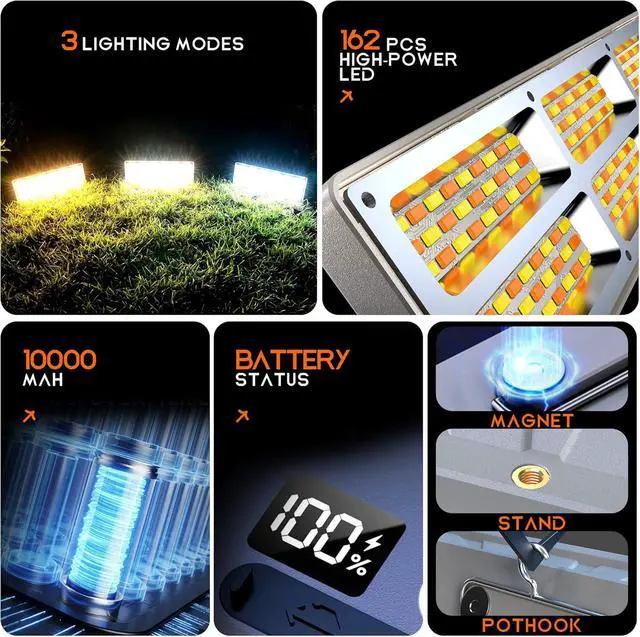 Alt view image 5 of 7 - Portable Rechargeable LED Work Light with Tripod Stand, 10000mAh Battery Powered Dimmable Cordless Megnetic Camping Lamps for Sports/Car /Emergency/Garage/Fish