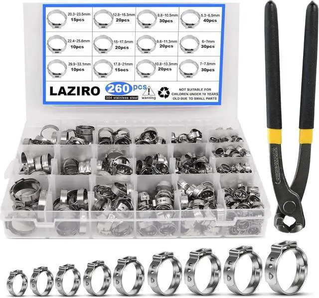 Main image of 260 PCS 12 Sizes Single Ear Hose Clamps, 5.3-33.1mm 304 Stainless Steel Crimp Hose Clamp Assortment Kit with Ear Clamp Pincer, Cinch Rings Crimp Pinch Tools for Securing Pipe Hoses Automotive Use