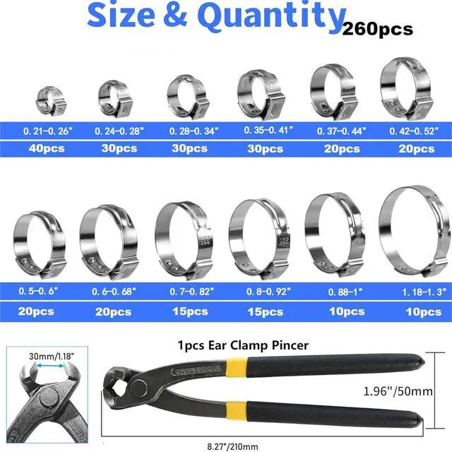 Alt view image 2 of 6 - 260 PCS 12 Sizes Single Ear Hose Clamps, 5.3-33.1mm 304 Stainless Steel Crimp Hose Clamp Assortment Kit with Ear Clamp Pincer, Cinch Rings Crimp Pinch Tools for Securing Pipe Hoses Automotive Use