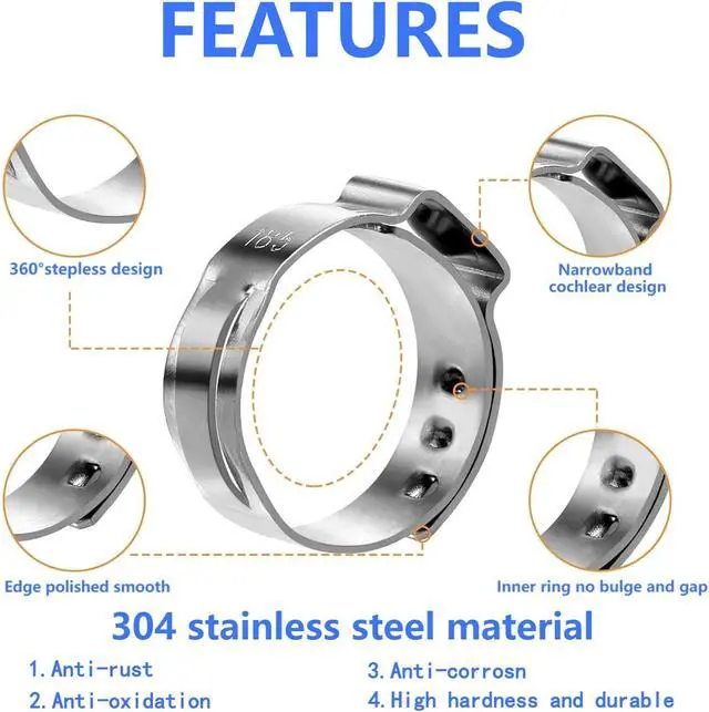 Alt view image 5 of 6 - 260 PCS 12 Sizes Single Ear Hose Clamps, 5.3-33.1mm 304 Stainless Steel Crimp Hose Clamp Assortment Kit with Ear Clamp Pincer, Cinch Rings Crimp Pinch Tools for Securing Pipe Hoses Automotive Use