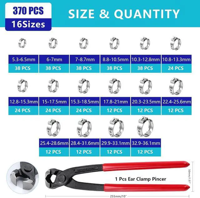 Alt view image 2 of 7 - 370pcs 16 Sizes Single Ear Hose Clamps, 5.3-36.1mm 304 Stainless Steel Crimp Hose Clamps,Cinch Rings Assortment Kit for Automotive, Pipe, Plumbing, Home Appliance Line with Ear Clamp pincer