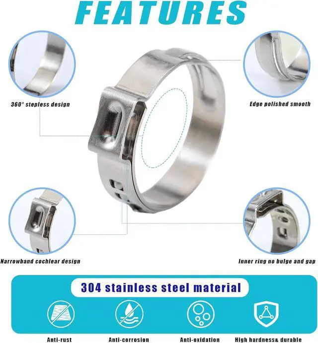 Alt view image 4 of 7 - 370pcs 16 Sizes Single Ear Hose Clamps, 5.3-36.1mm 304 Stainless Steel Crimp Hose Clamps,Cinch Rings Assortment Kit for Automotive, Pipe, Plumbing, Home Appliance Line with Ear Clamp pincer