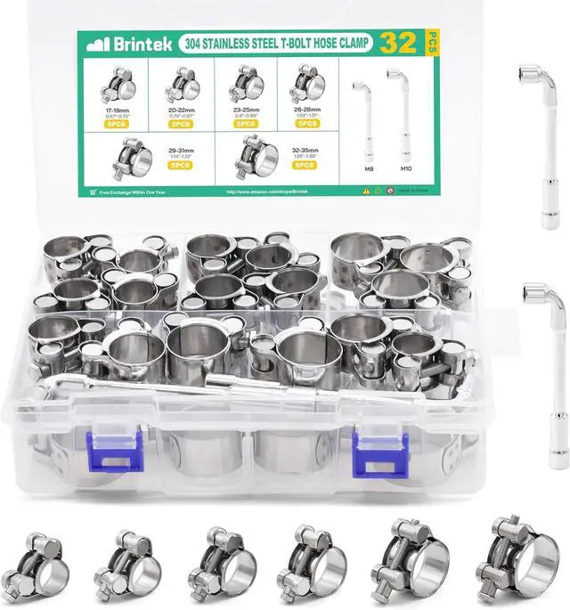Main image of T-bolt Hose Clamps - 32PCS 17-35mm Stainless Steel Hose Clamp Assortment 6-Sizes Heavy Duty Adjustable Tube Clamps with M8 and M10 Socket Wrenches