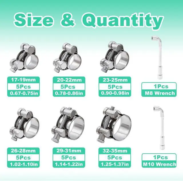 Alt view image 2 of 6 - T-bolt Hose Clamps - 32PCS 17-35mm Stainless Steel Hose Clamp Assortment 6-Sizes Heavy Duty Adjustable Tube Clamps with M8 and M10 Socket Wrenches