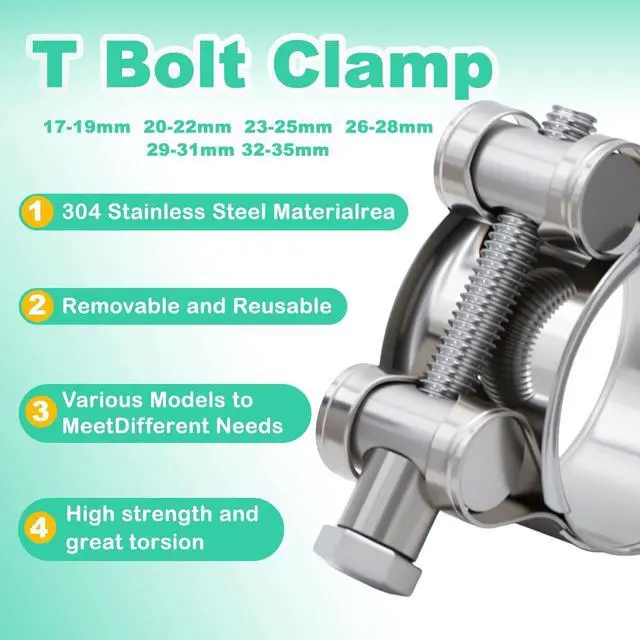 Alt view image 3 of 6 - T-bolt Hose Clamps - 32PCS 17-35mm Stainless Steel Hose Clamp Assortment 6-Sizes Heavy Duty Adjustable Tube Clamps with M8 and M10 Socket Wrenches