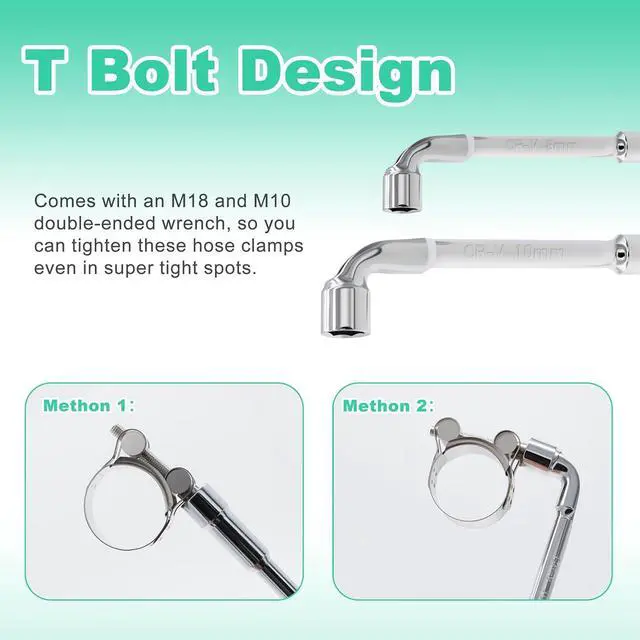 Alt view image 4 of 6 - T-bolt Hose Clamps - 32PCS 17-35mm Stainless Steel Hose Clamp Assortment 6-Sizes Heavy Duty Adjustable Tube Clamps with M8 and M10 Socket Wrenches