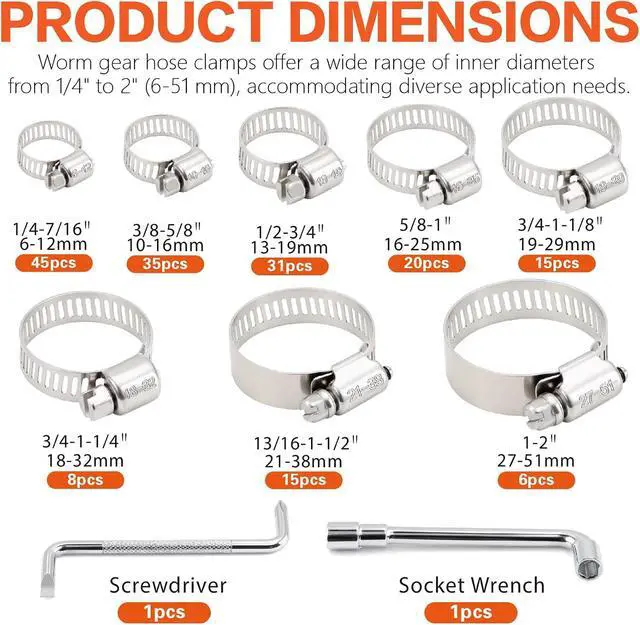 Alt view image 2 of 7 - 175-Piece 304 Stainless Steel Anti-Rust Hose Clamp Assortment Kit - (1/4"-2"