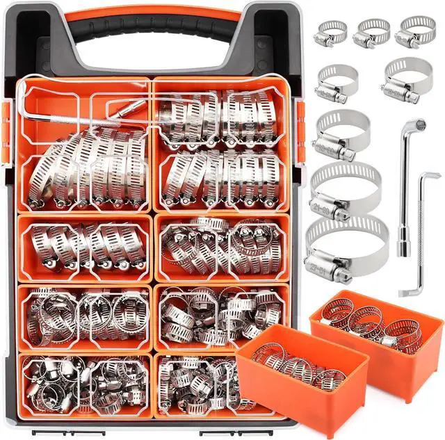 Main image of 175PCS 304 Stainless Steel Hose Clamps Assortment Kit 1/4" to 2" Worm Gear Hose Clamp Set for Radiator,Heater,Automotive,Marine,Mechanical Plumbing,Pipe,Tube,Coolant,Garden W/Carrying Case