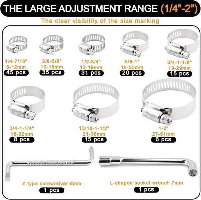 Alt view image 3 of 7 - 175PCS 304 Stainless Steel Hose Clamps Assortment Kit 1/4" to 2" Worm Gear Hose Clamp Set for Radiator,Heater,Automotive,Marine,Mechanical Plumbing,Pipe,Tube,Coolant,Garden W/Carrying Case