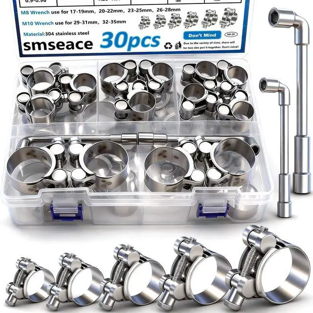 Main image of 30Pcs 17-35mm T-bolt Hose Clamps 304 Stainless Steel 6-sizes Heavy Duty T bolt Hose Clamps with M8 and M10 Socket Wrenches