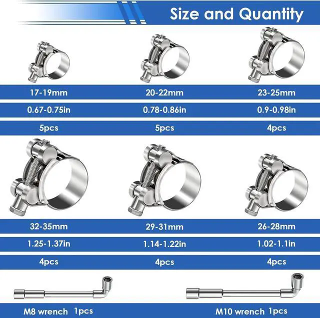 Alt view image 2 of 6 - 30Pcs 17-35mm T-bolt Hose Clamps 304 Stainless Steel 6-sizes Heavy Duty T bolt Hose Clamps with M8 and M10 Socket Wrenches