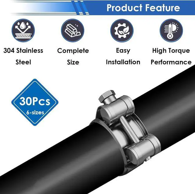 Alt view image 5 of 6 - 30Pcs 17-35mm T-bolt Hose Clamps 304 Stainless Steel 6-sizes Heavy Duty T bolt Hose Clamps with M8 and M10 Socket Wrenches