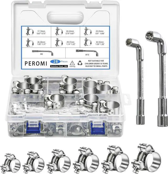 Main image of T-bolt Hose Clamps, 28pcs 6 Size Heavy Duty Radiator Hose Clamps Assortment Kit-Size Range 17-35mm, 304 Stainless Steel Pipe Tube Clamps for Automotive Fuel Lines Radiator Hoses Turbo Intake