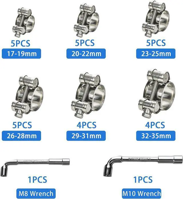 Alt view image 2 of 7 - T-bolt Hose Clamps, 28pcs 6 Size Heavy Duty Radiator Hose Clamps Assortment Kit-Size Range 17-35mm, 304 Stainless Steel Pipe Tube Clamps for Automotive Fuel Lines Radiator Hoses Turbo Intake