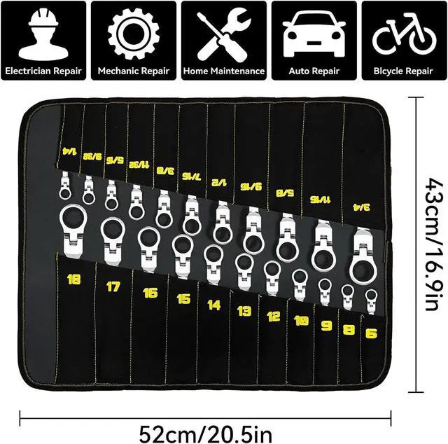 Alt view image 2 of 7 - Ratchet Wrenches Set, 23PC Flex Head Ratcheting Wrench Set Metric and Standard & SAE, 6-18mm & 1/4" to 3/4" with Color Ring, CRV Open End Tool Organizer Pouch, Combination Ratchet Wrench Sets