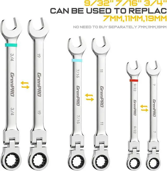 Alt view image 3 of 7 - Ratchet Wrenches Set, 23PC Flex Head Ratcheting Wrench Set Metric and Standard & SAE, 6-18mm & 1/4" to 3/4" with Color Ring, CRV Open End Tool Organizer Pouch, Combination Ratchet Wrench Sets
