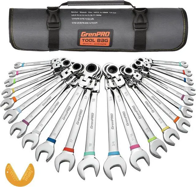 Main image of Ratchet Wrenches Set, 23PC Flex Head Ratcheting Wrench Set Metric and Standard & SAE, 6-18mm & 1/4" to 3/4" with Color Ring, CRV Open End Tool Organizer Pouch, Combination Ratchet Wrench Sets
