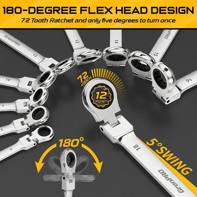 Alt view image 5 of 7 - Ratchet Wrenches Set, 23PC Flex Head Ratcheting Wrench Set Metric and Standard & SAE, 6-18mm & 1/4" to 3/4" with Color Ring, CRV Open End Tool Organizer Pouch, Combination Ratchet Wrench Sets
