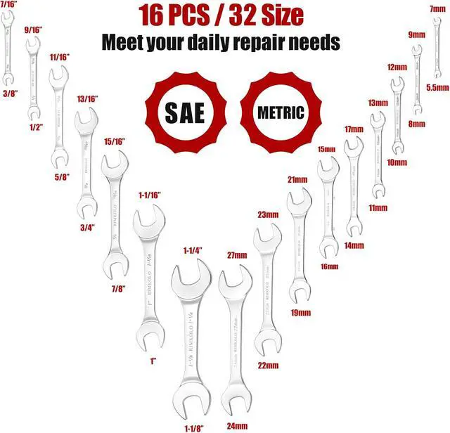 Alt view image 2 of 6 - Super-Thin Open End Wrench Set, 16-Piece SAE & Metric 3/8" to 1-1/4" and 5.5mm to 27mm Chrome Vanadium Steel Wrench Set with Rolling Pouch