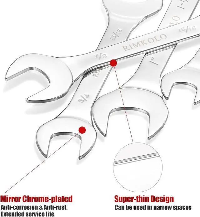 Alt view image 4 of 6 - Super-Thin Open End Wrench Set, 16-Piece SAE & Metric 3/8" to 1-1/4" and 5.5mm to 27mm Chrome Vanadium Steel Wrench Set with Rolling Pouch