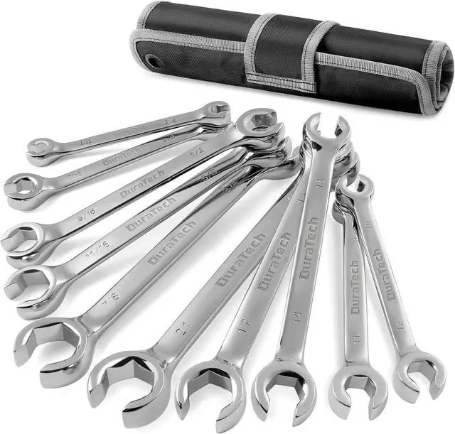 Main image of Flare Nut Wrench Set, Standard & Metric, 10-Piece, 1/4" to 7/8'' & 9-21mm, CR-V Steel, Organizer Pouch Included