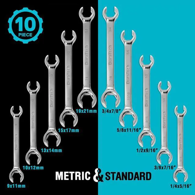 Alt view image 2 of 7 - Flare Nut Wrench Set, Standard & Metric, 10-Piece, 1/4" to 7/8'' & 9-21mm, CR-V Steel, Organizer Pouch Included