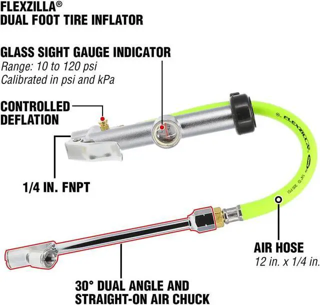 Alt view image 3 of 3 - Dual Foot Tire Inflator with 12" Hose Glass Sight Gauge (10 to 120 psi)