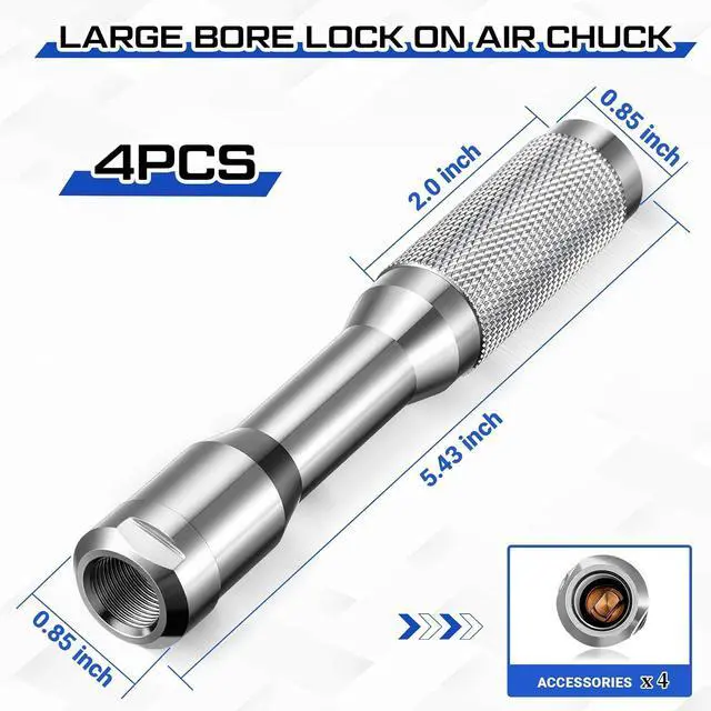 Alt view image 2 of 6 - 4 Pack Large Bore Lock on Air Chuck with 1/4 Npt Female Thread, Straight for Tires with Large and Super Bore Valves for Off-Road Trucks & Heavy Equipment