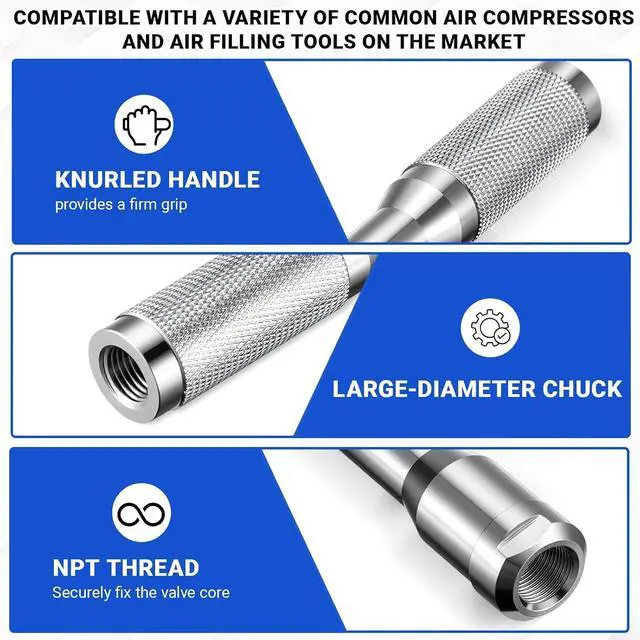 Alt view image 3 of 6 - 4 Pack Large Bore Lock on Air Chuck with 1/4 Npt Female Thread, Straight for Tires with Large and Super Bore Valves for Off-Road Trucks & Heavy Equipment