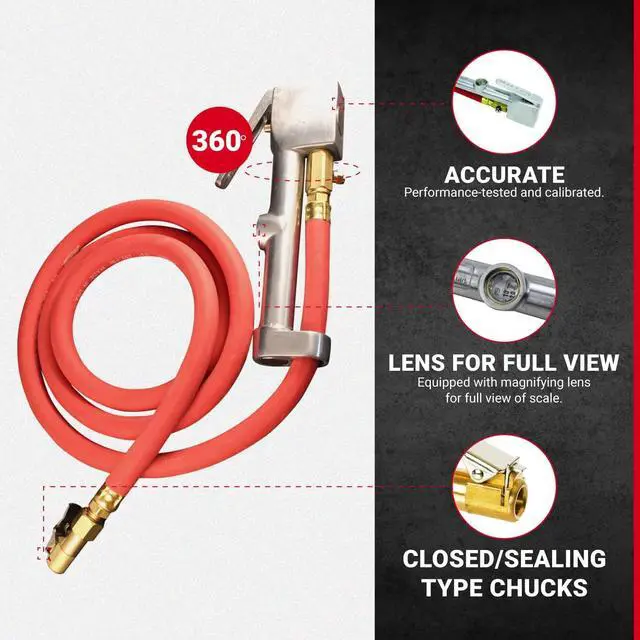 Alt view image 2 of 5 - 518 Analog Tire Inflator with Pressure Gauge, 5' Hose Easy Straight Clip-on Chuck, Made In USA (OSHA Compliant) 10-160 PSI
