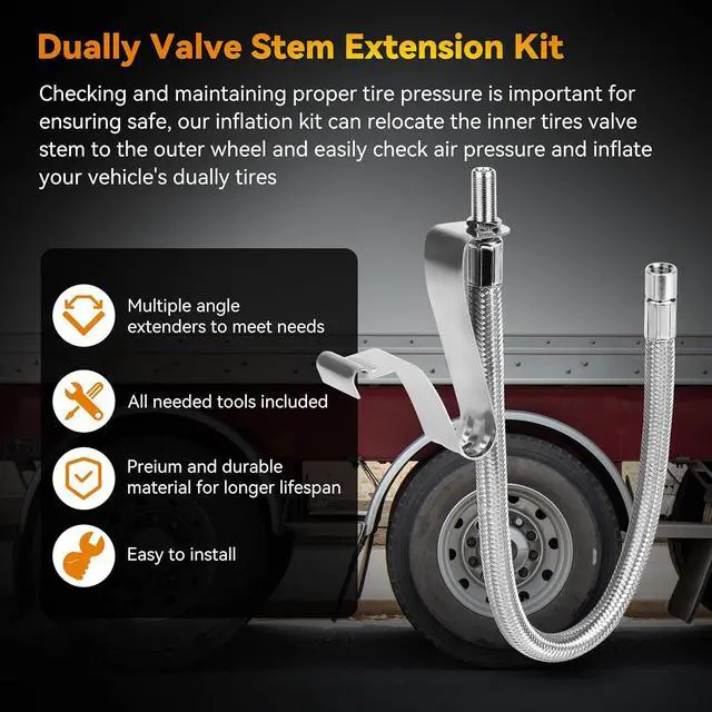 Alt view image 2 of 7 - Dually Valve Stem Extenders Kit, Stainless Steel Braided Valve Stem Extension fits 16" to 19-1/2" Dual Wheels Tire Valve Extension for Most Cars Motorhome RVs Trailers Trucks