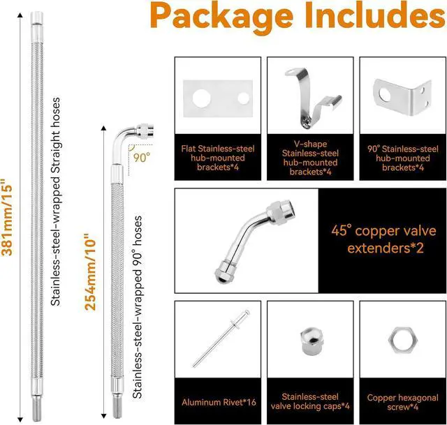 Alt view image 5 of 7 - Dually Valve Stem Extenders Kit, Stainless Steel Braided Valve Stem Extension fits 16" to 19-1/2" Dual Wheels Tire Valve Extension for Most Cars Motorhome RVs Trailers Trucks