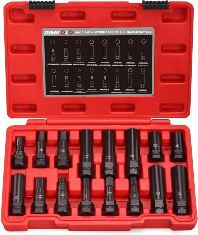 Main image of 16-Piece Locking Lug Master Key Set, SAE and Metric Wheel Lock Removal Kit for Removing Lock Lug Nuts on Aftermarket Wheels