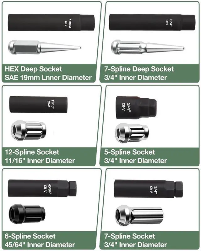 Alt view image 3 of 7 - 8-Piece Spline Socket Set for 5/6/7/12 Aftermarket Spline, Hex & Spike Lug Nuts, CR-V Steel SAE& Metric Wheel Lock Key Set, Portable Lug Nut Removal Tool Kit