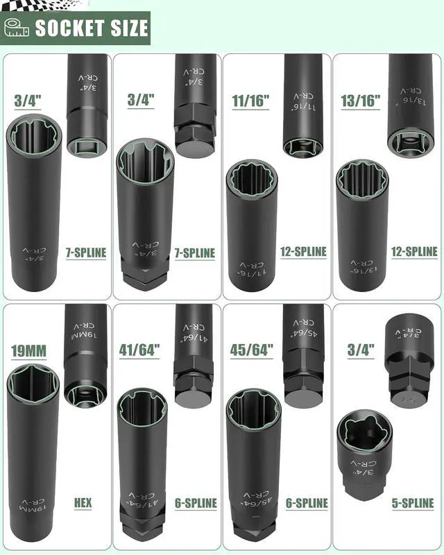 Alt view image 2 of 7 - 8-Piece Spline Socket Set for 5/6/7/12 Aftermarket Spline, Hex & Spike Lug Nuts, CR-V Steel SAE& Metric Wheel Lock Key Set, Portable Lug Nut Removal Tool Kit