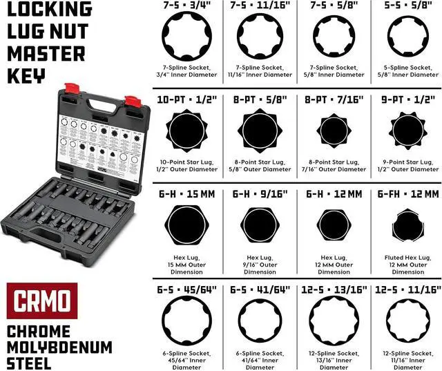Alt view image 2 of 5 - 16 Piece Locking Lug Nut Master Key Set, Wheel-Lock Removal Tool Kit for for Spline Star and Hex Style Keys, Universal Thin-Walled/Extra-Long Lug Nut Socket Set - 647860