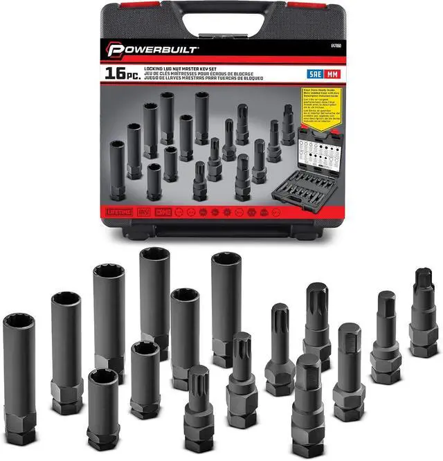 Alt view image 3 of 5 - 16 Piece Locking Lug Nut Master Key Set, Wheel-Lock Removal Tool Kit for for Spline Star and Hex Style Keys, Universal Thin-Walled/Extra-Long Lug Nut Socket Set - 647860
