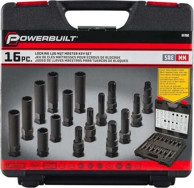 Alt view image 5 of 5 - 16 Piece Locking Lug Nut Master Key Set, Wheel-Lock Removal Tool Kit for for Spline Star and Hex Style Keys, Universal Thin-Walled/Extra-Long Lug Nut Socket Set - 647860